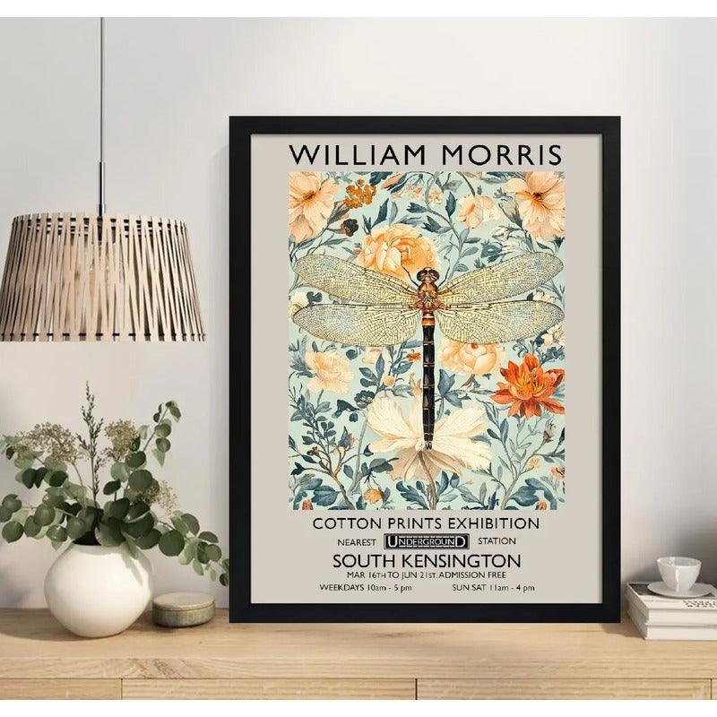 Cuadro Libélula Flores Elegante William Morris Botanico Brs1 Marco Negro