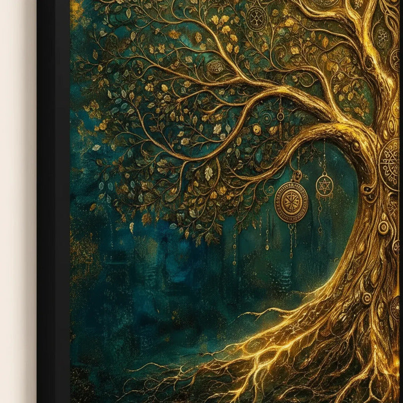 Set 2 Cuadros Arbol De La Vida Tonos Dorados Mural Díptico Marco Negro