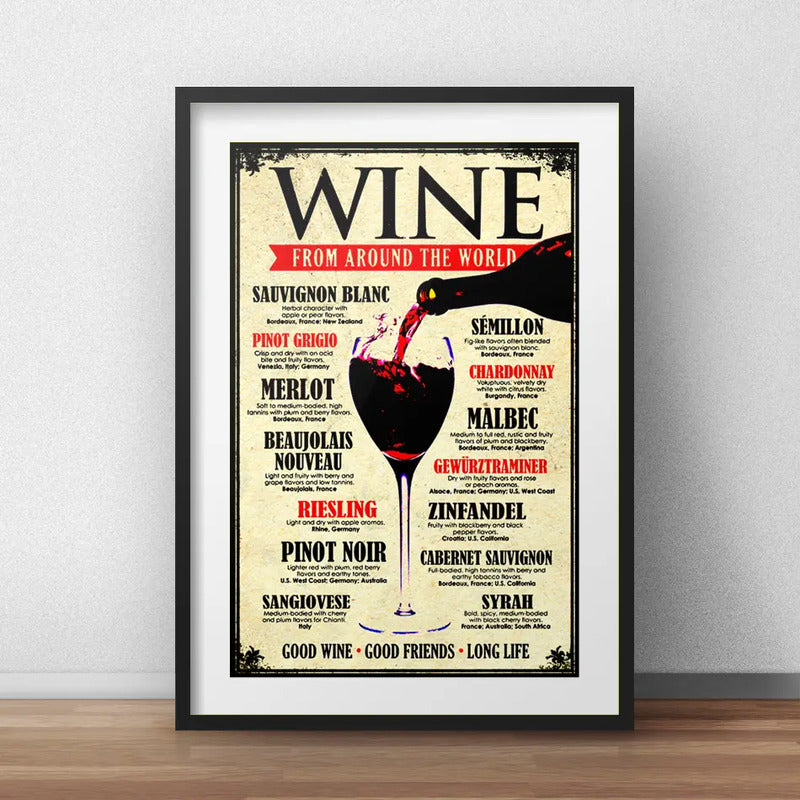 Cuadro Vinos Del Mundo Retro Arte Decoracion Con Paspartú Marco Negro