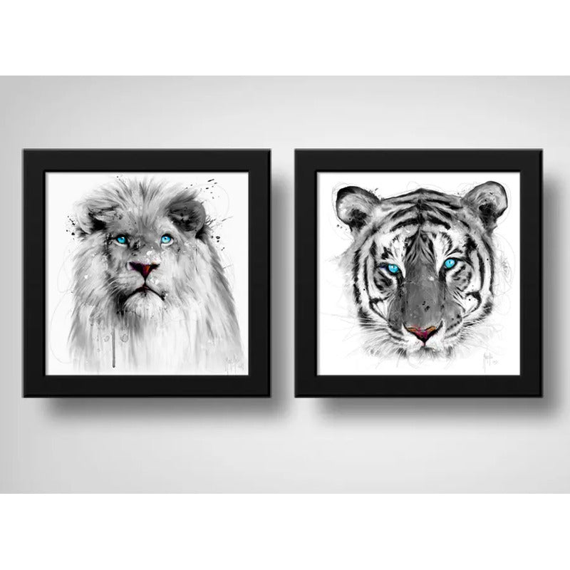 Set 2 Cuadros Leon Tigre Art Ojos Azules Animal Decoracion
