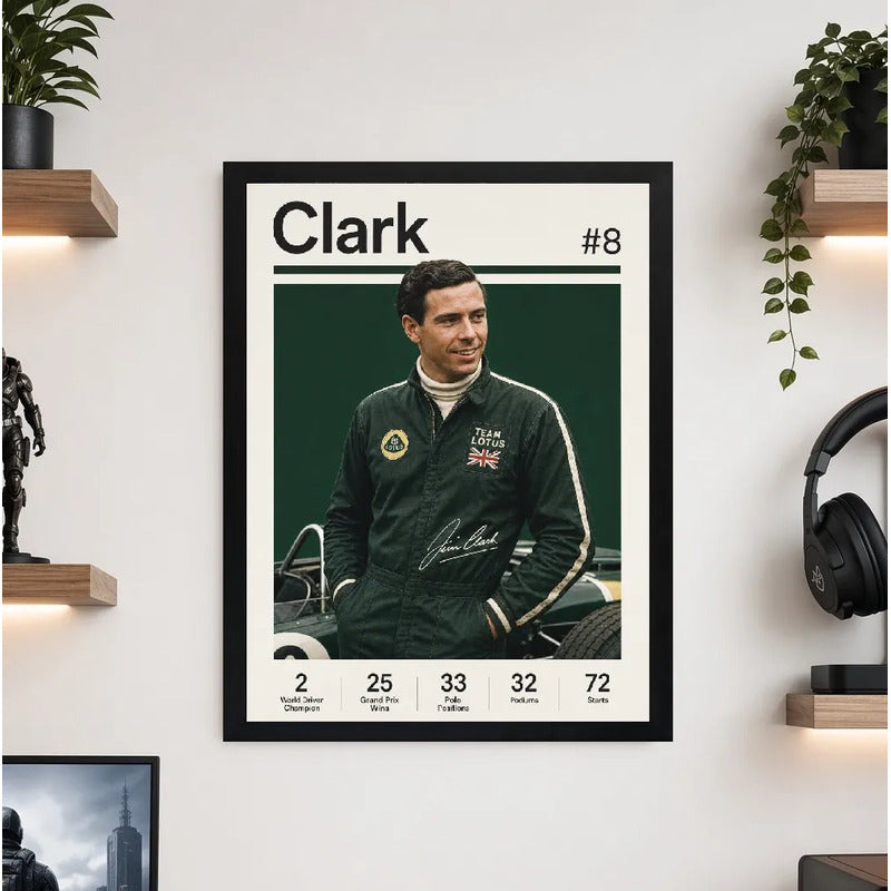 Cuadro Jim Clark Piloto Formula 1 Logros Signature Auto Marco Negro