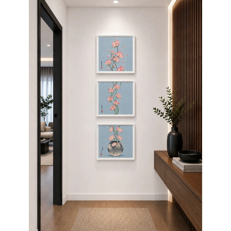 Set 3 Cuadros Flores Cerezo Arte Japones Tonos Azul 33x33cm Marco Blanco