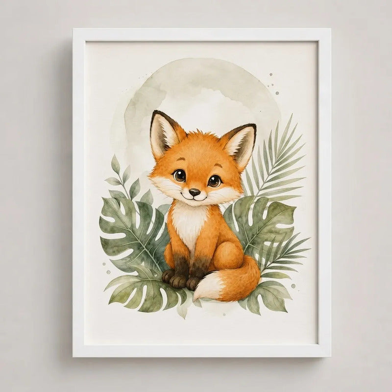 Cuadro Zorro Decoracion Dormitorio Infantil Tonos Suaves Marco Blanco