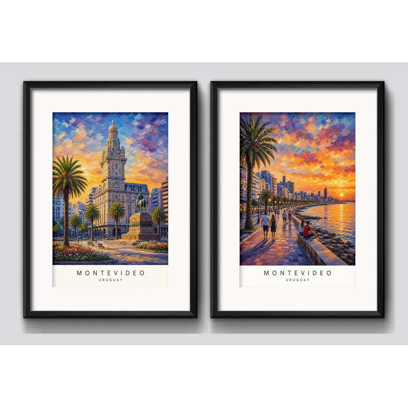 Set 2 Cuadros Montevideo Uruguay Paisajes Arte Con Paspartu 53x33cm Cada Cuadro Negro