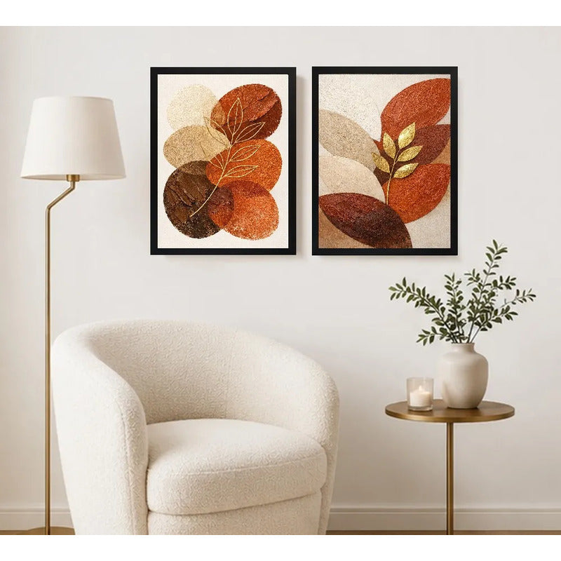Set 2 Cuadros Boho Abstracto Hojas Doradas Terracota Living Marco Negro