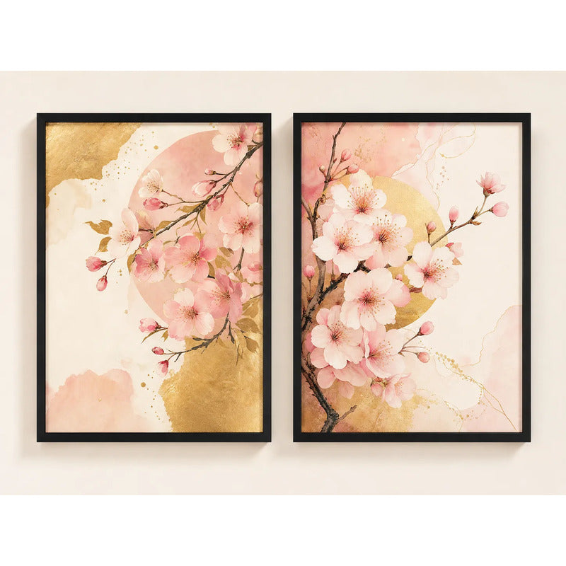 Set 2 Cuadros Cerezos En Flor Dorado Abstracto Decora Living Marco Negro