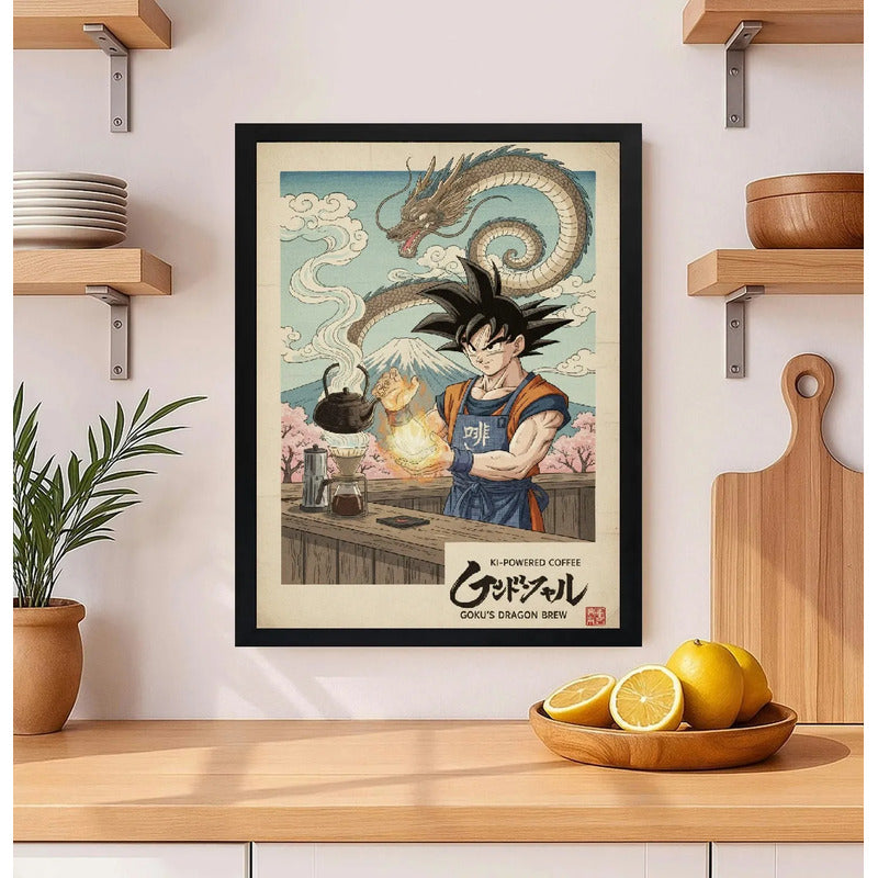 Cuadro Goku Cafe Barista Dragon Ball Cocina Arte Japon Anime Marco Negro