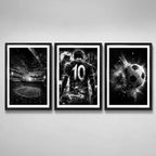 Set 3 Cuadros Fútbol En Blanco Y Negro Pelota Jugador El 10 Marco Negro