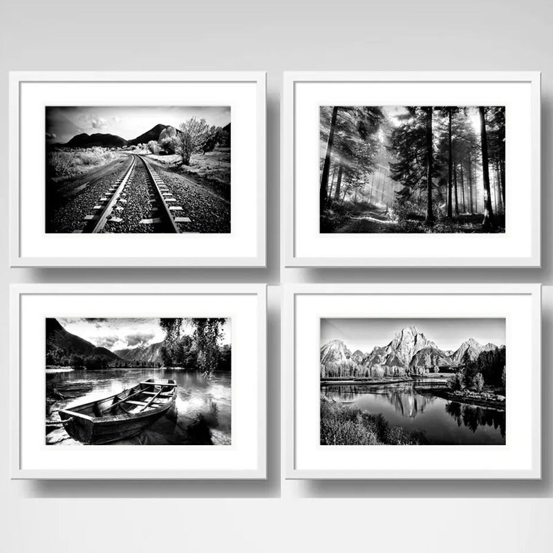 Set 4 Cuadros Paisajes Blanco Y Negro Montanas Deco Paspartu