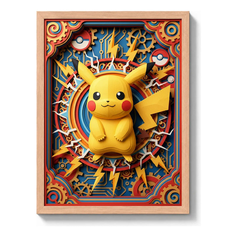 Cuadro Pikachu Efecto 3d Pokemon Anime Kids Japon Marco Madera Oak Madera Clara