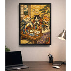 Cuadro Gato Poker Juego Cartas Arte Grullas Japón Decoracion Marco Negro