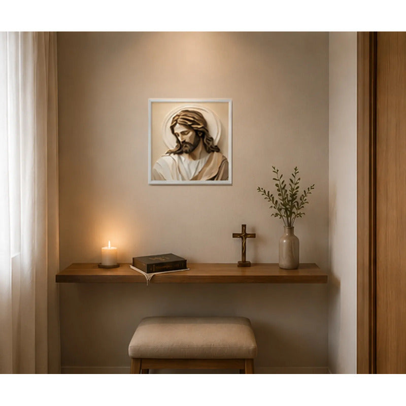 Cuadro Jesús Cristo Arte Sacro Tonos Beige Y Crema 33x33cm Marco Blanco