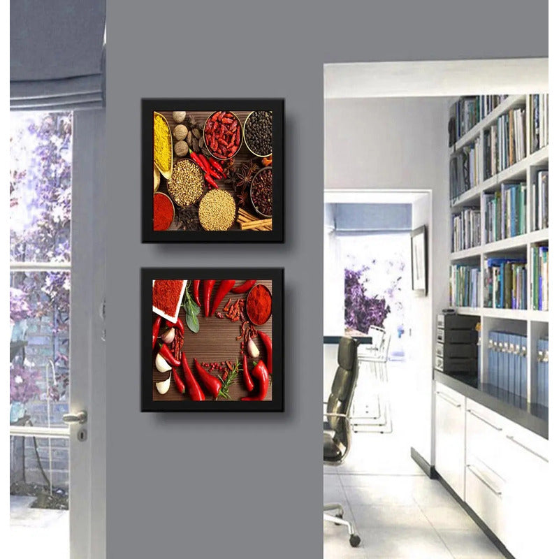 Set 2 Cuadros Pimientas Condimentos Cocina Decora - 33x33cm Marco Negro