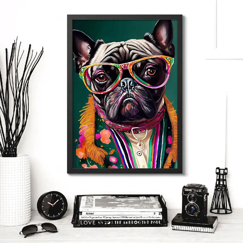 Cuadro Animales Traje Pop Art Perro Jirafa León Decoracion Bull Dog Frances Marco Negro