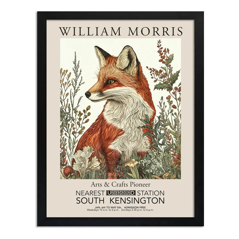 Cuadro Zorro William Morris Botanico Flores Hojas Exposición Marco Negro