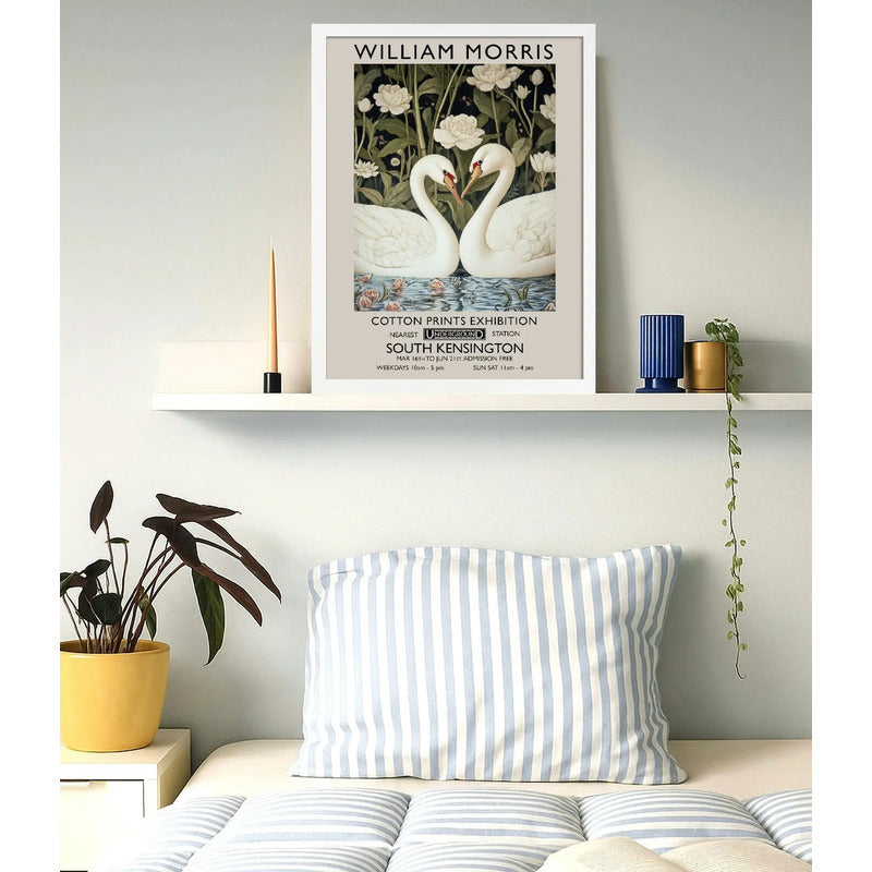 Cuadro Cisnes Amor William Morris Arte Flores Botanico Br2 Marco Blanco