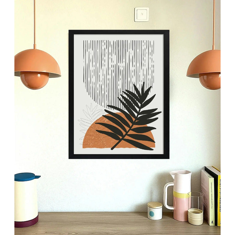 Cuadro Dormitorio Living Boho Abstracto Hoja Geometrico Arte Marco Negro