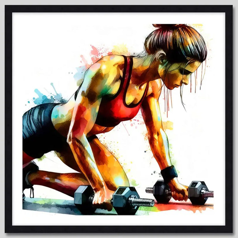 Cuadro Fitness Gym Musculacion Gimnasio Decoracion 33x33cm Ejercicio Con Mancuernas Con Marco Negro