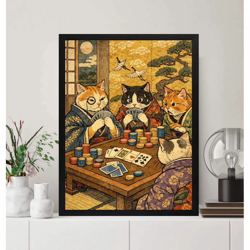 Cuadro Gato Poker Juego Cartas Arte Grullas Japón Decoracion Marco Negro
