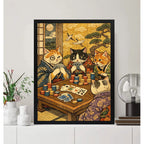 Cuadro Gato Poker Juego Cartas Arte Grullas Japón Decoracion Marco Negro