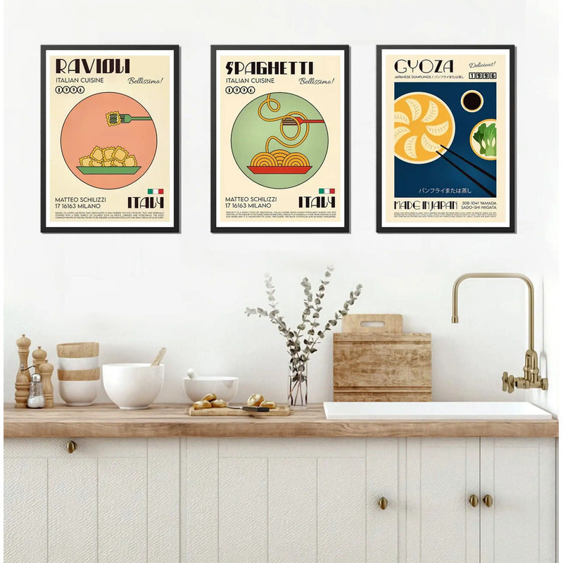 Set 3 Cuadros Comidas Del Mundo Decoracion Cocina Gourmet Marco Negro