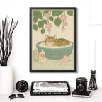 Cuadro Gato Bano Banera Arte Japonés Flores Brs2 Decoracion Marco Negro