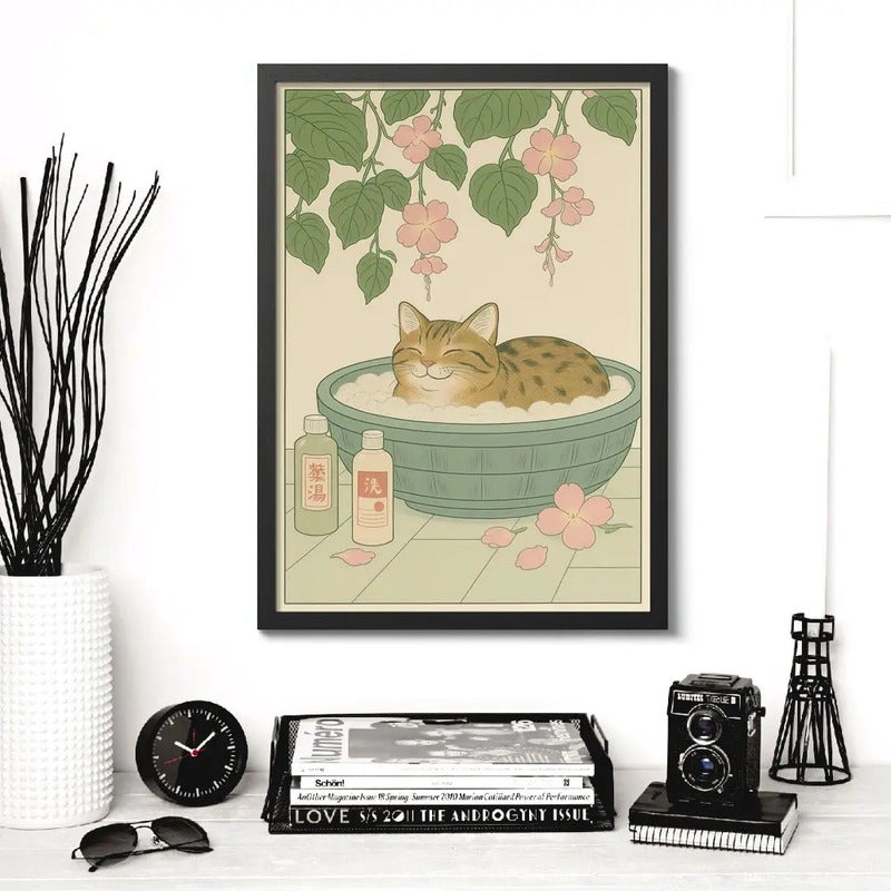 Cuadro Gato Bano Banera Arte Japonés Flores Brs2 Decoracion Marco Negro
