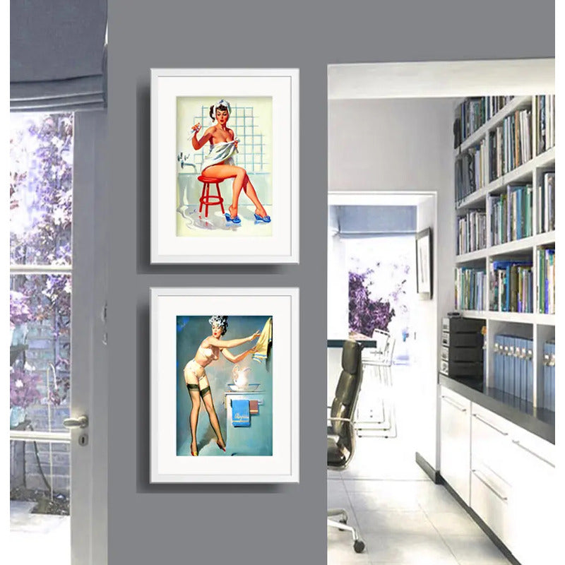 Set 2 Cuadros Pin Ups Baño Retro Decoracion Con Paspartú