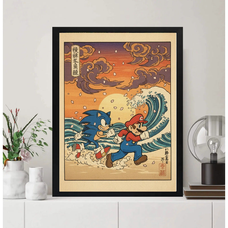 Cuadro Mario Sonic Playa Juego Game Ola Kanagawa Mar Japón Marco Negro