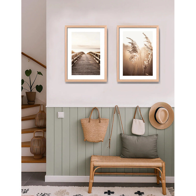 Set 2 Cuadros Paisajes De Playa Tonos Beige Neutros Calidos Marco Madera Natural Oak