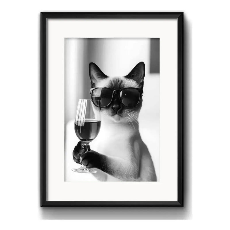 3 Cuadros Gato Tomando Vino Cafe Pet Decoracion Con Paspartú Marco Negro
