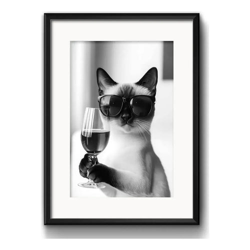 3 Cuadros Gato Tomando Vino Cafe Pet Decoracion Con Paspartú Marco Negro