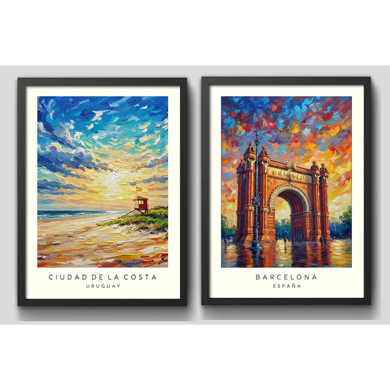 Set 2 Cuadros Barcelona Espana Ciudad De La Costa Uruguay B2 Marco Negro