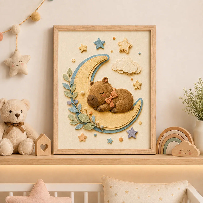 Cuadro Dormitorio Infantil Bebe Carpincho Luna Efecto 3d Marco Madera Oak Madera Clara