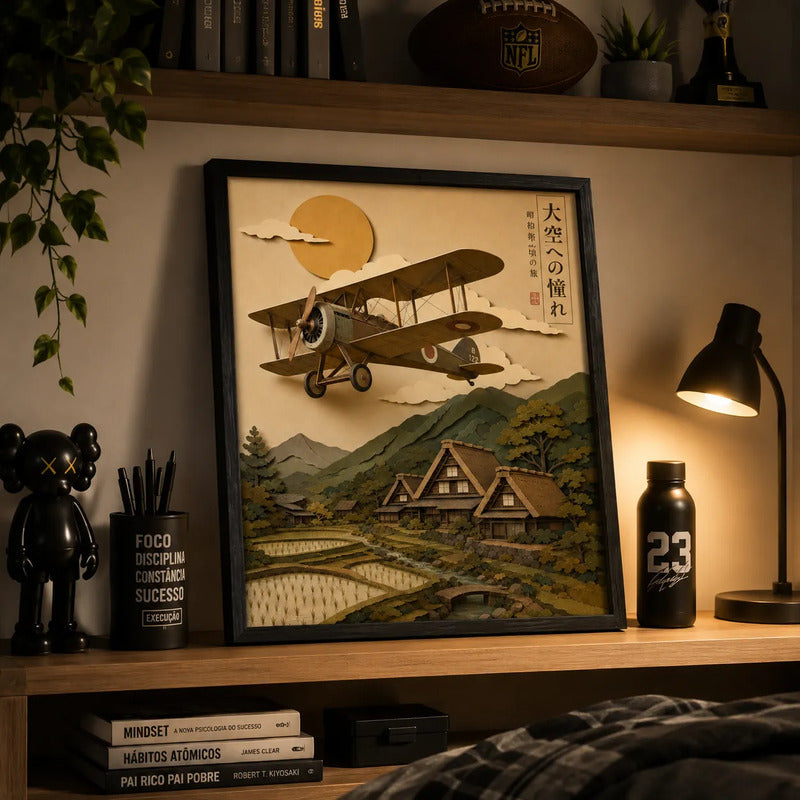 Cuadro Avion Biplano Vintage Arte Japones Efecto 3d Aviacion Marco Negro