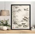 Cuadro Living Gorriónes Bambus Pajaros Japón Arte Vintage Marco Negro