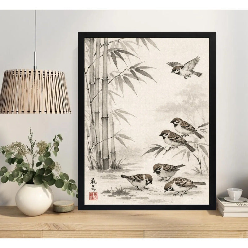 Cuadro Living Gorriónes Bambus Pajaros Japón Arte Vintage Marco Negro