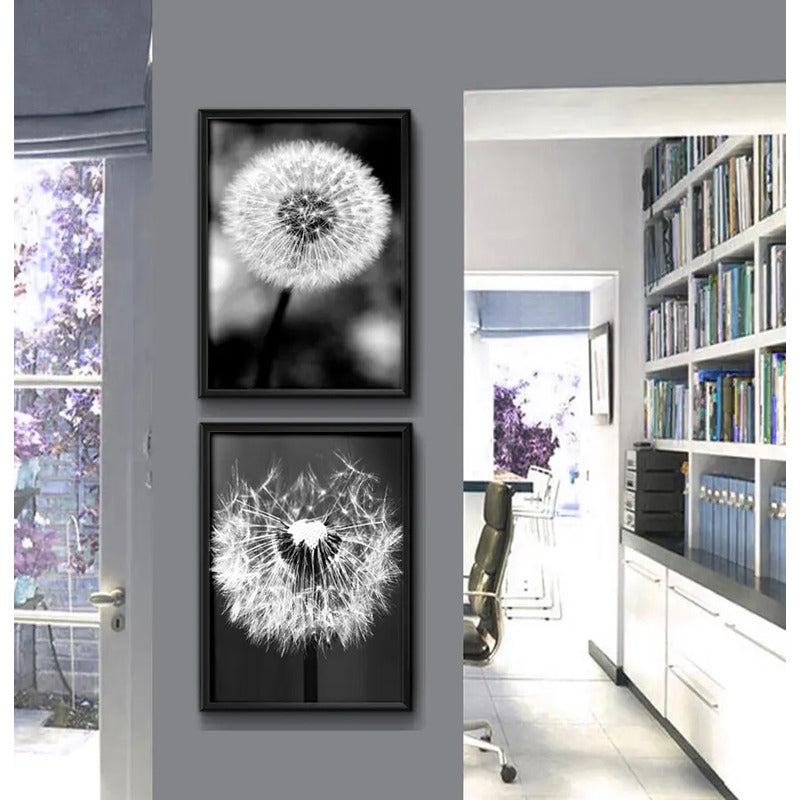 Set 2 Cuadros Diente De Leon Blanco Y Negro Taraxacum Flores