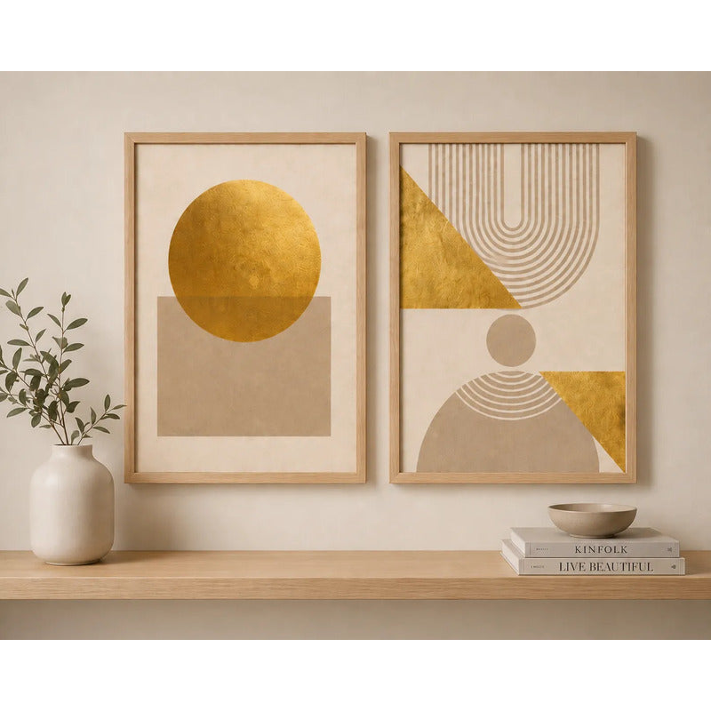 Set 2 Cuadros Dormitorio Living Boho Geometrico Beige Dorado Marco Marrón Claro