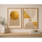 Set 2 Cuadros Dormitorio Living Boho Geometrico Beige Dorado Marco Marrón Claro