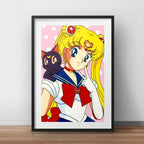 Cuadro Sailor Moon Luna Anime Mangá Decoracion Con Paspartú Marco Negro
