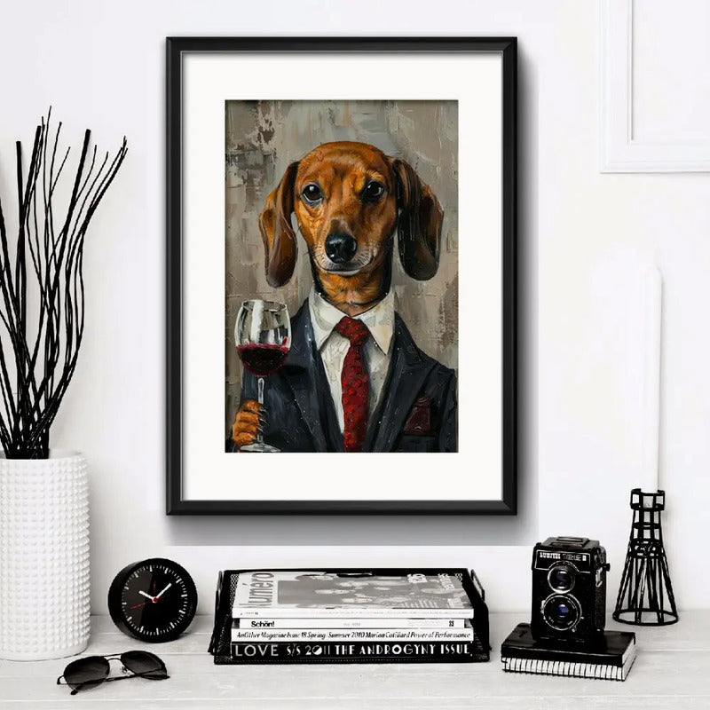 Cuadro Perro Dachshund Salchicha Tomando Vino 1 Con Paspartú