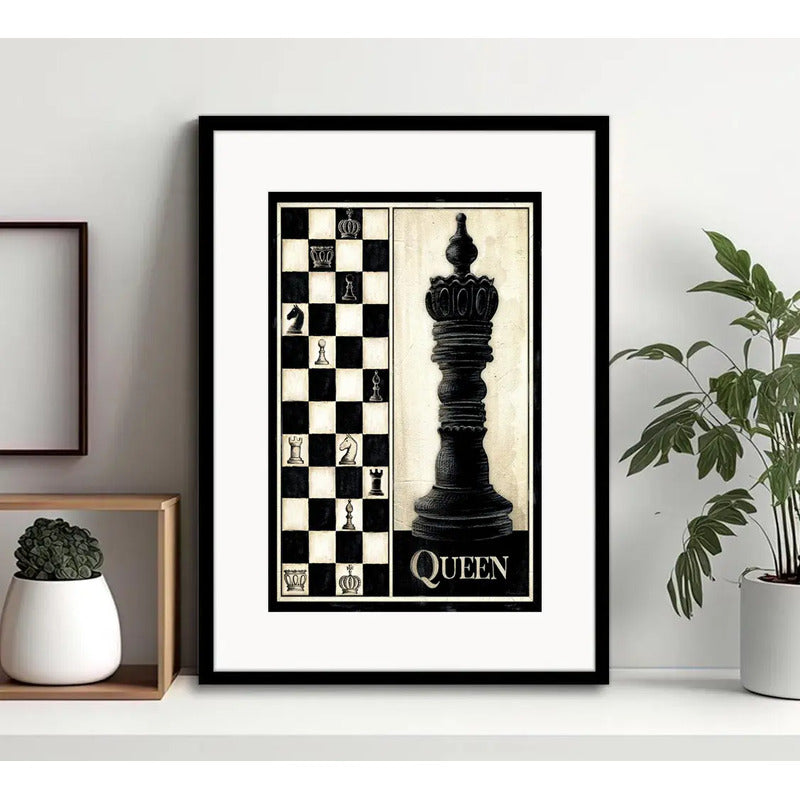 Cuadro Ajedrez Juego Retro Vintage Decoracion Con Paspartú Pieza 2 Dama Con Marco Negro