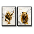 Set 2 Cuadros Toro Y Oso De Wall Street Dorado Arte Oficina Marco Negro