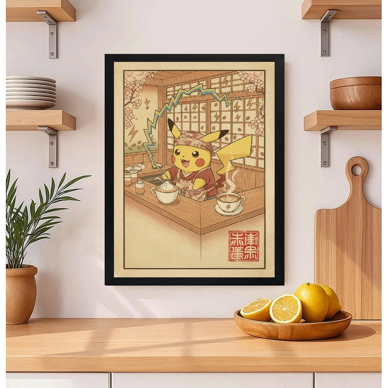 Cuadro Pikachu Cafe Barista Cocina Arte Japon Pokemon Anime Marco Negro