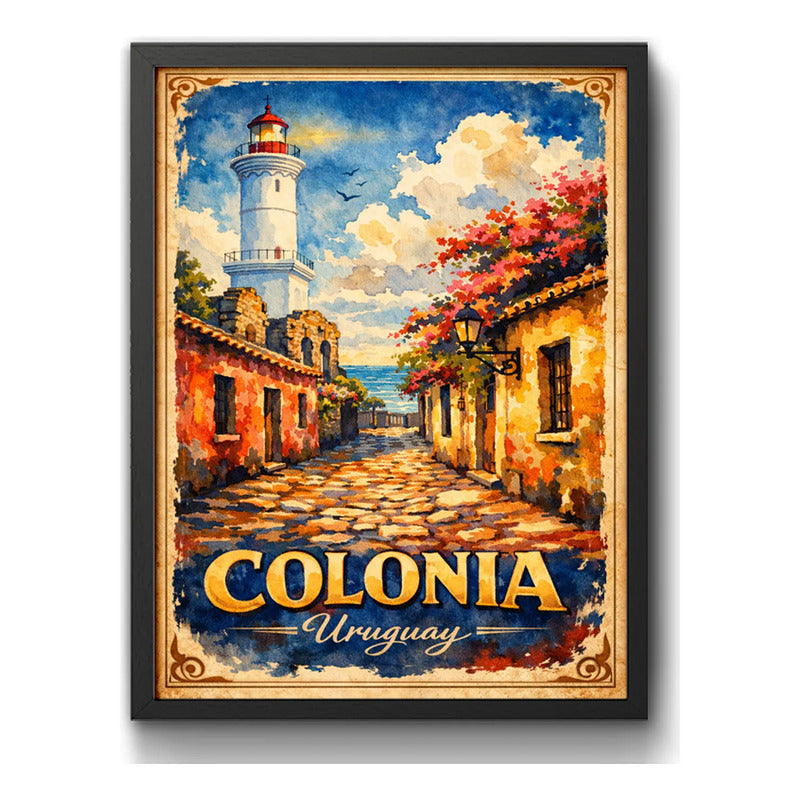 Cuadro Colonia Del Sacramento Casco Histórico Retro Uruguay Marco Negro