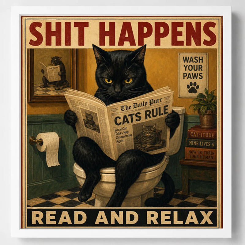 Cuadro Para Decoracion Bano Gato Negro Leyendo Diario Marco Blanco