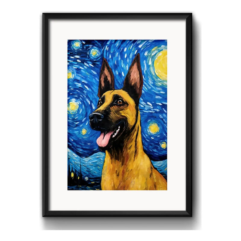 Cuadro Perro Van Gogh Noche Estrellada Razas Con Paspartú Pastor Belga Malinois Con Marco Negro