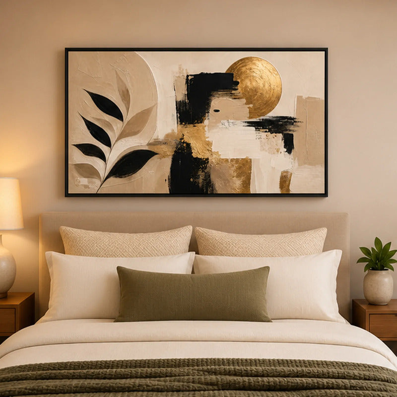 Cuadro Dormitorio Living Boho Abstracto Hojas Neutros Grande Marco Negro