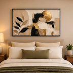 Cuadro Dormitorio Living Boho Abstracto Hojas Neutros Grande Marco Negro